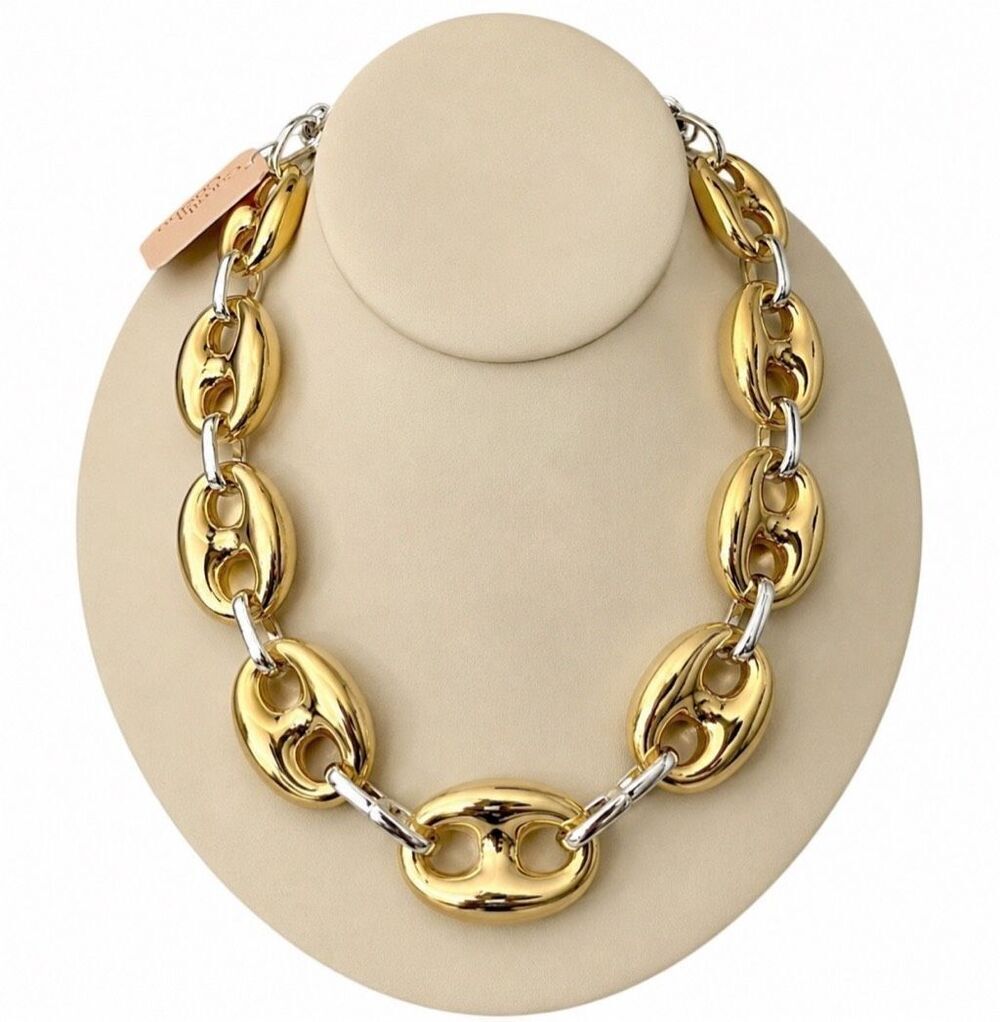 New Gorgeous Camila Coelho Big Puffed Gold Silver Mariner Links Necklace 18”+3”